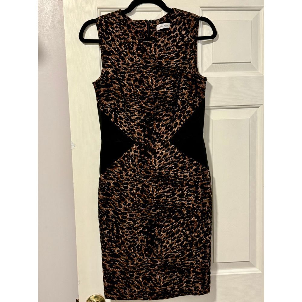 Calvin Klein Sleeveless Bodycon Dress Black Gold Leopard Print‎ Cocktail Party